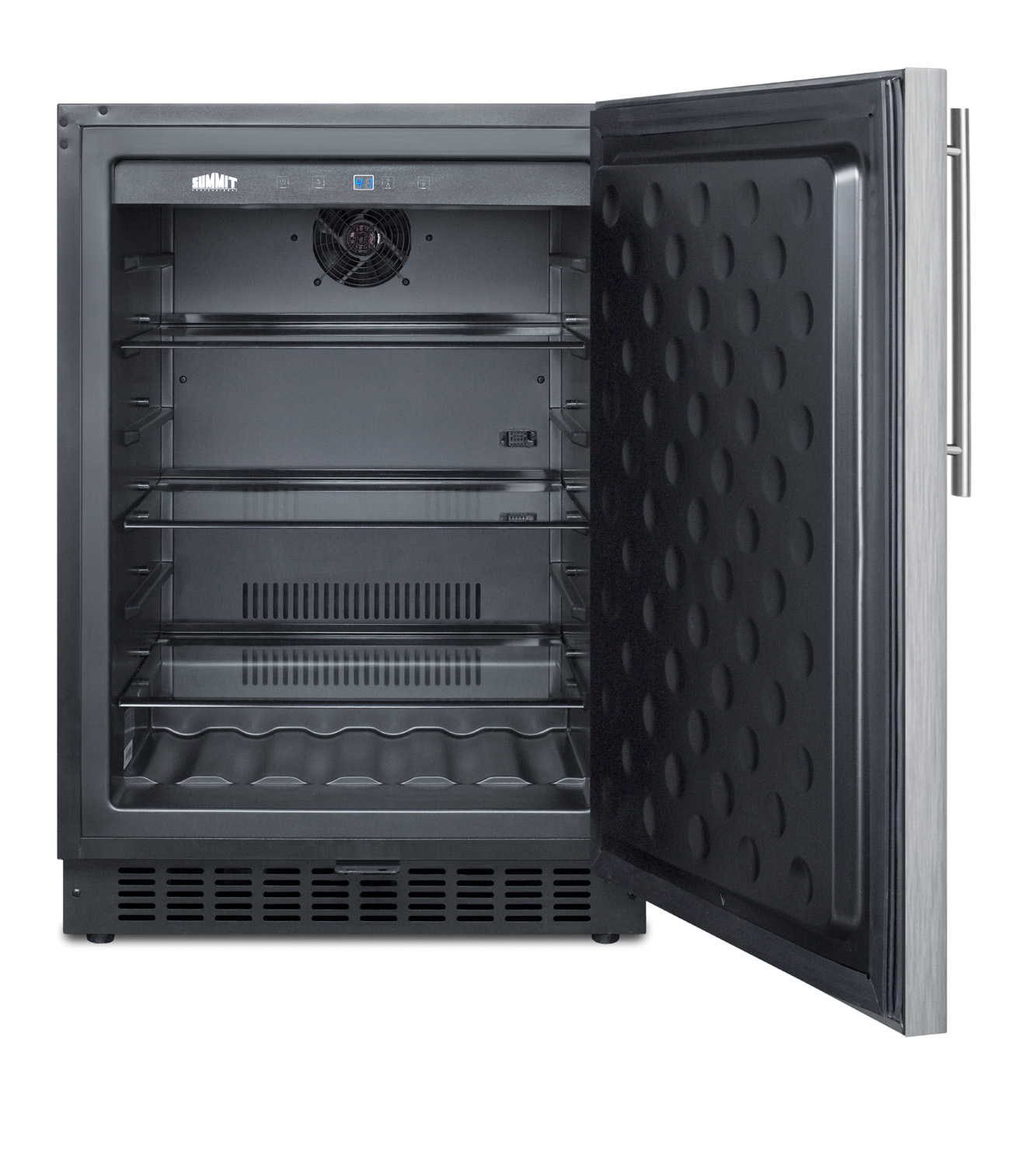 Built-in undercounter all-refrigerator for residential or commercial use, frost-free w/stainless steel wrapped door, horizontal handle, and black cabinet